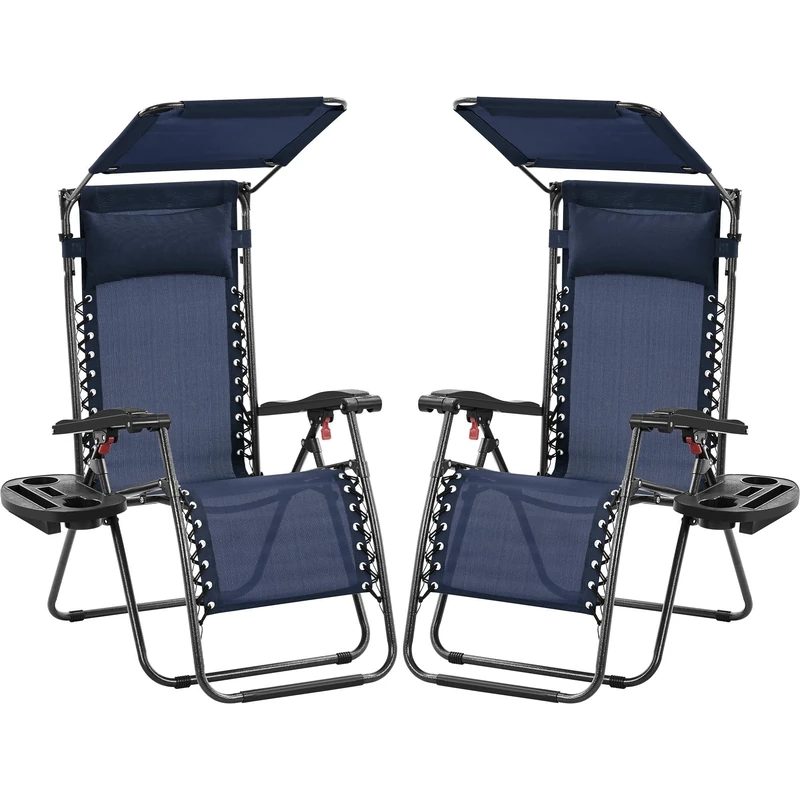 Yaheetech 2pcs Zero Gravity Chair with Sunshade & Side Tray, Navy Blue