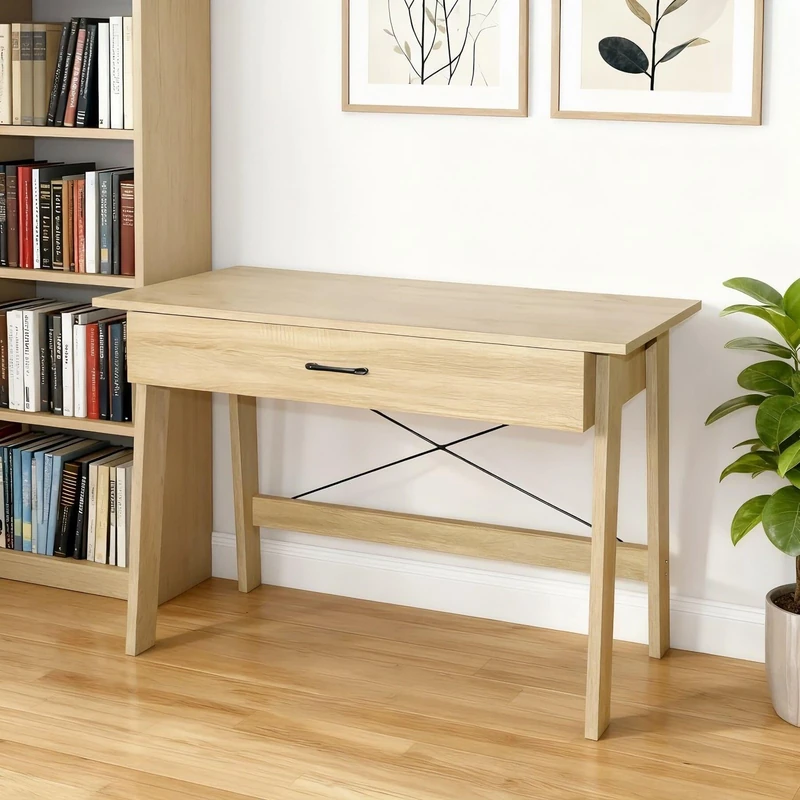 Home Source Winston Computer Desk with 1 Drawer – Classic Oak Finish, Black Metal Frame - 111W x 50D x 76H cm - Home Office Desk - Image 1