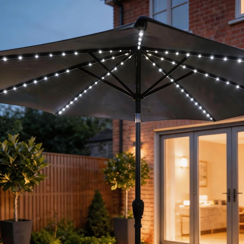 Home Source Soletta Tilt Parasol with LED Lights – Grey Polyester, Steel Frame, Crank Open - 300W x 300D x 240H cm - Garden Umbrella