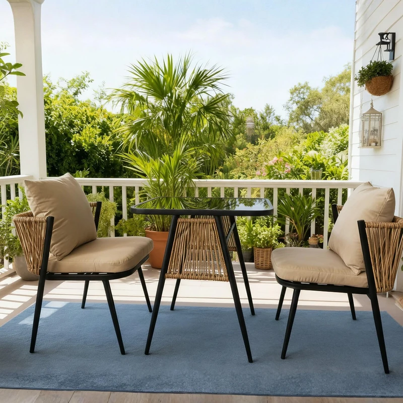 Home Source Valena Bistro Set 3 Piece – Natural Rattan & Black Metal, Glass Top - 70W x 59D x 74H cm Table - 2 Seater Garden Furniture