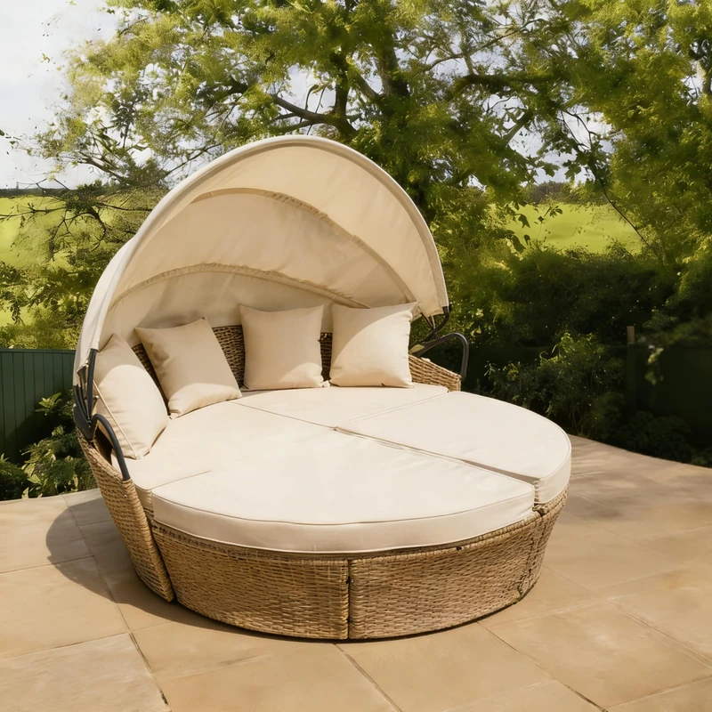 Home Source Amara Curved Garden Day Bed with Canopy – Cream PE Rattan, 4 Pillows - 180W x 180D x 140H cm - Outdoor Daybed