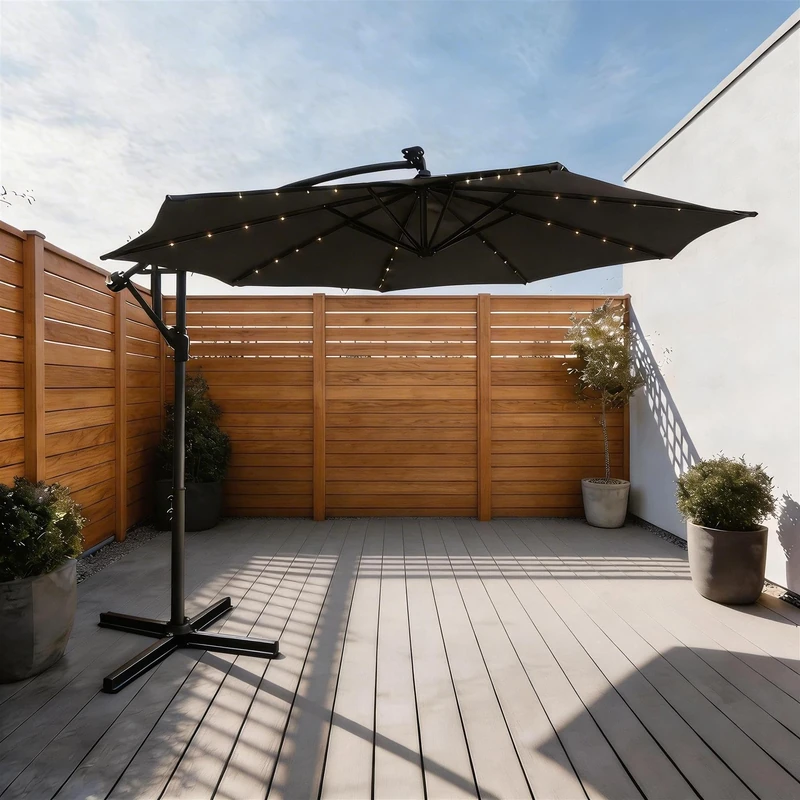 Home Source Palmera Cantilever Parasol with LED Lights – Grey Polyester, Steel Frame - 300W x 300D x 245H cm - Large Garden Umbrella