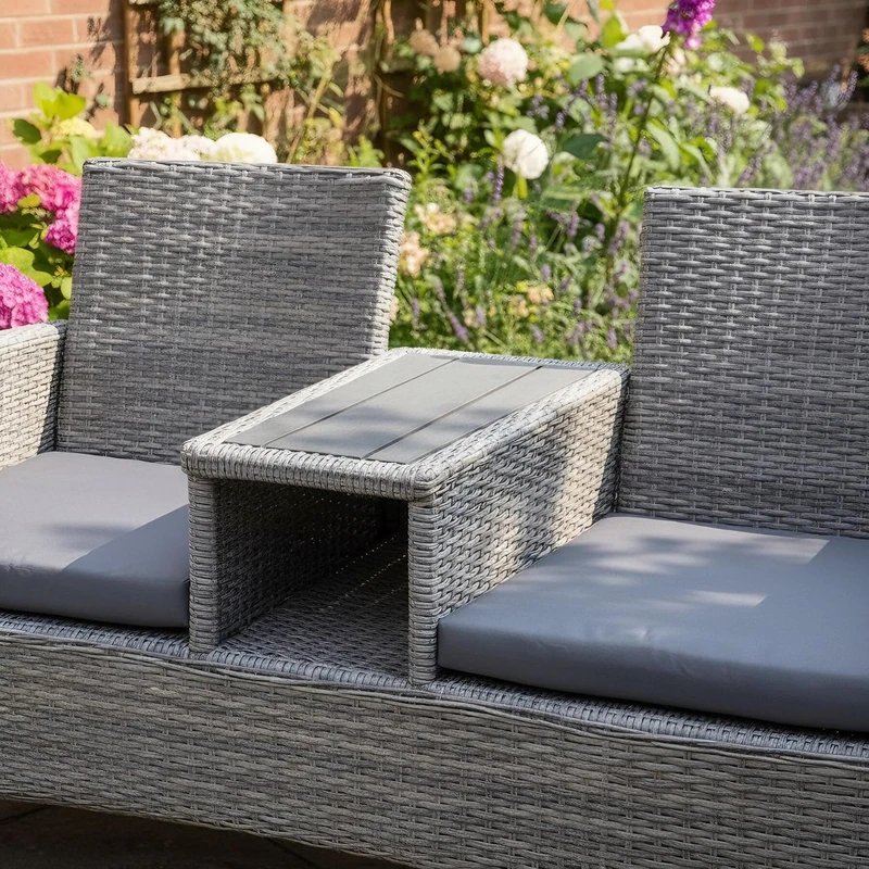 Home Source Lovelle Garden Love Seat with Table – Grey Rattan, Metal Frame, Cushions - 138W x 61.5D x 84H cm - 2 Seater Outdoor Bench