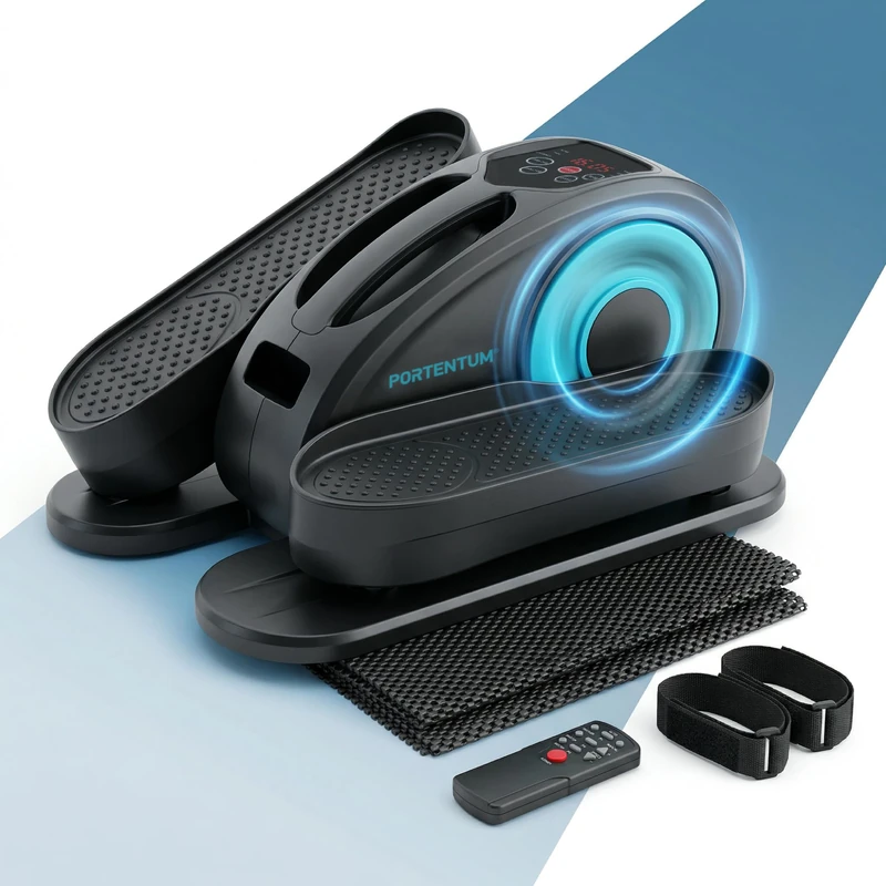 PORTENTUM Mini under desk elliptical with mat and straps – New 2026 more compact – Pedal exerciser for seniors automatic and manual 12 speeds – Lightweight trainer with quiet motor