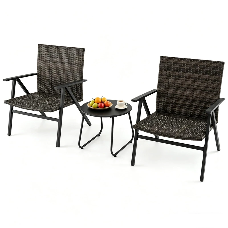 RELAX4LIFE 3-Piece Rattan Garden Furniture Set, Outdoor Conversation Sets with Coffee Table and 2 Wicker Armchairs, Metal Dining Set for Patio Conservatory Lounge Backyard Poolside