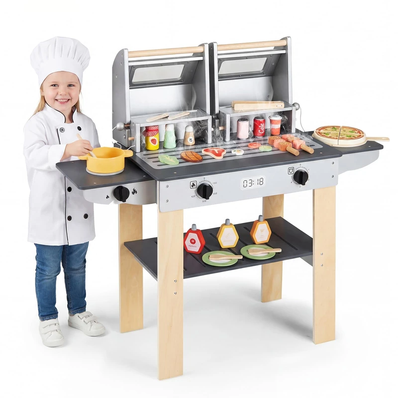 FANTASK Kids BBQ, BBQ with Cutlery and Play Food, Muddy Kitchen with 2 BBQs and Flip Lids, Outdoor Cooking Kit for Kids Ages 3 and Up - Image 1