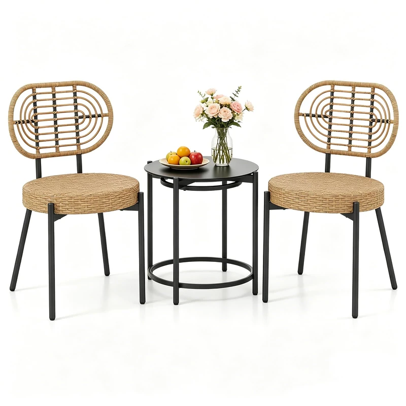 RELAX4LIFE 3 Pieces Rattan Bistro Set, Outdoor Conversation Sets with Tempered Glass Table and 2 Wicker Chairs, Metal Garden Furniture Sets for Conservatory Lounge Backyard Poolside