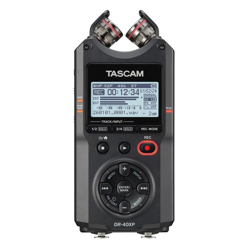 TASCAM DR-40XP 4-Channel 32-Bit Float Portable Handheld Field Recorder and USB-C Audio Interface — With 2 XLR/TRS Inputs and Adjustable Mics for Music, Audio for Video and Interviews