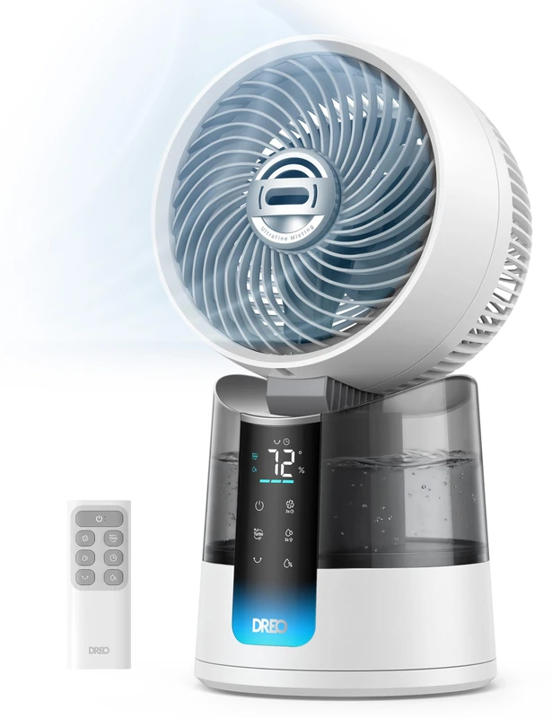 DREO TurboCool Misting Fan 516S, 150°+30° Omni-directional Oscillating Smart Cooling Fans that Blow Cold Air, 26 ft/s, Ultrafine Mist, 20dB, 1.3L, 6 Speeds 2 Modes, Remote & APP Control, Indoor, White