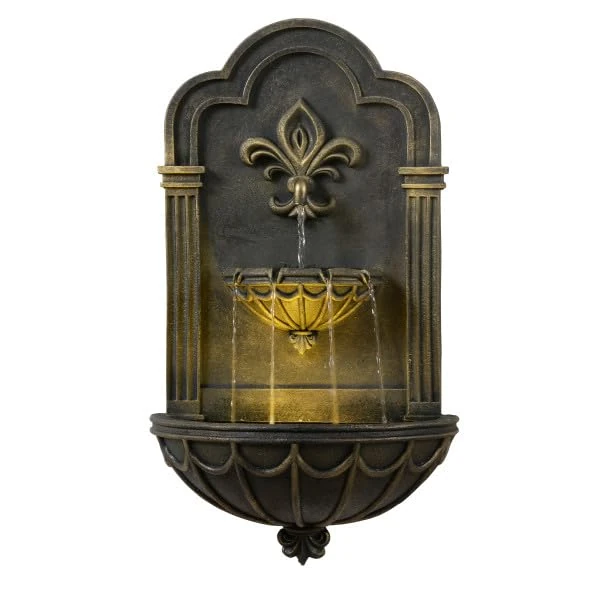 Teamson Home 80 cm Fleur-De-Lis Wall-Mounted Outdoor Fountain with Integrated Led Lighting and Decorative Black and Gold Finish, Black & Gold
