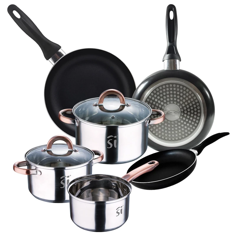 5pc Stainless Steel Battery Ø16Ø18Ø20 with 2 Glass lids and Set 3 Pans Ø16/20/24 cm, Pressed Aluminium, Black, Set Suitable for Induction