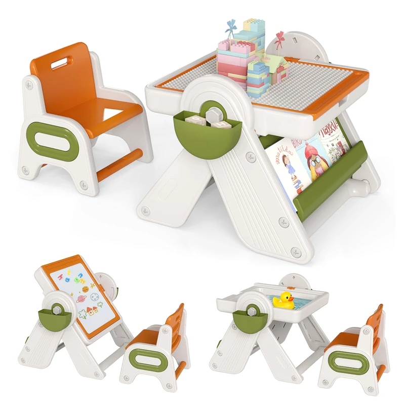 GYMAX Kids Table and Chair Set, Toddler Activity Desk with Reversible Tabletop and Storage Space, Children Sand/Water Table for Boys Girls (Orange+Beige, 9 in 1:82 x 67 x 58 cm)