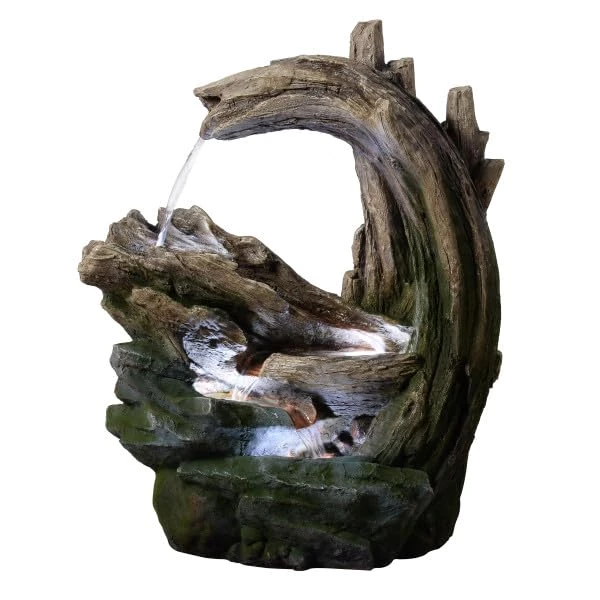 Teamson Home 82 cm Outdoor Garden Fountain with Cascading forest-Inspired Rock and Wood Effect Design with Integrated Led Lighting, Grey