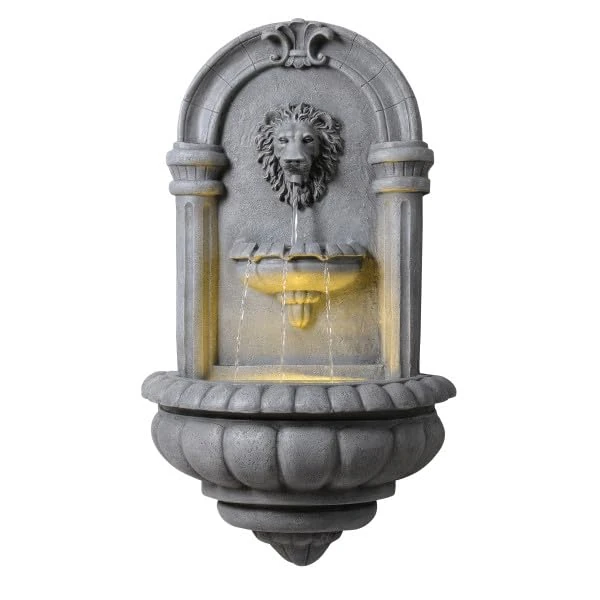 Teamson Home 81 cm Lion Head Wall-Mounted Outdoor Fountain with Stone-Effect Finish, Integrated Led Lighting and Decorative Classical Design, Natural Stone