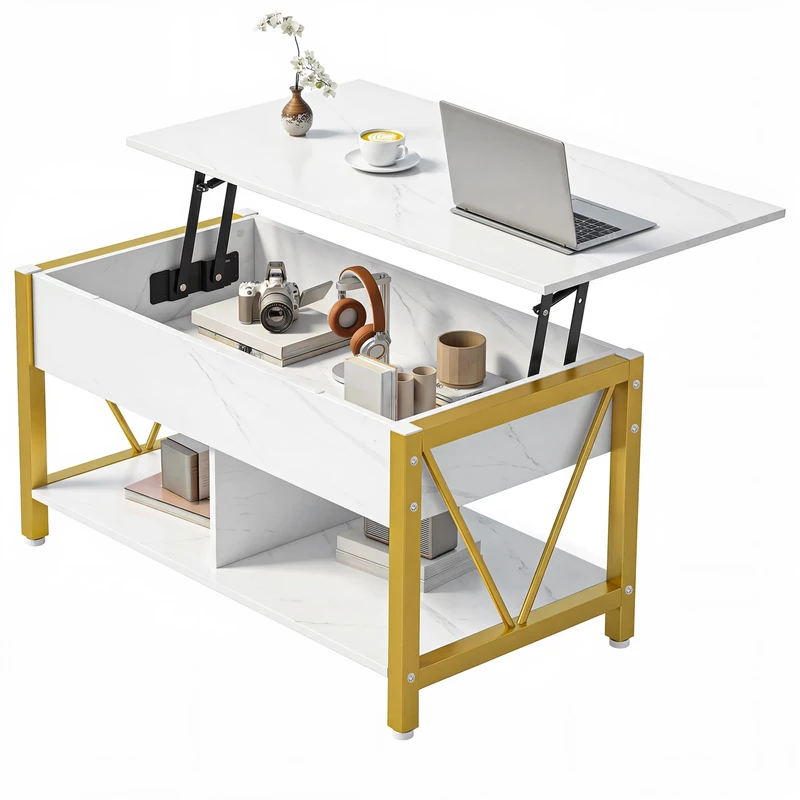 YITAHOME Lift Top Coffee Table, Easy-Lift, 2-Tier Storage, Adjustable Height with Hidden Storage Compartment and Shelf for Living Room, Office, White Marble