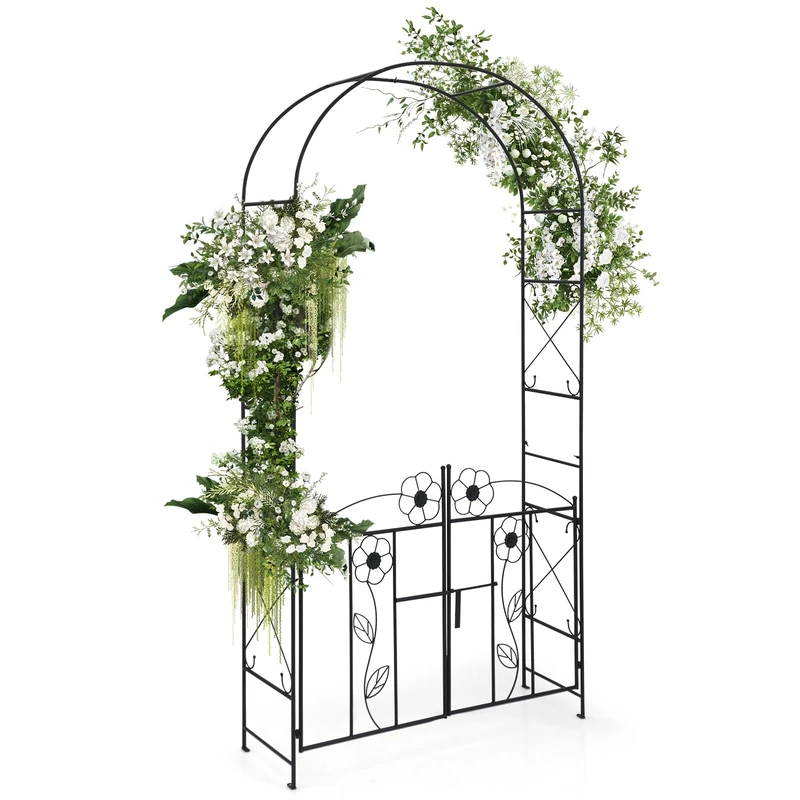 GiantexUK Garden Arch with Gate, Heavy-Duty Metal Pergola Trellis Arbour for Climbing Plants Roses Vines, Outdoor Support Archway for Lawn Patio Wedding Party Decoration