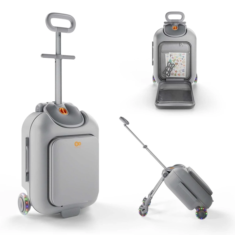 Kinderkraft Cabby 2-in-1 Kids' Cabin Suitcase with Seat, Ride-On Luggage, Foldable, 20 L, LED Wheels, 70 kg Load, Grey