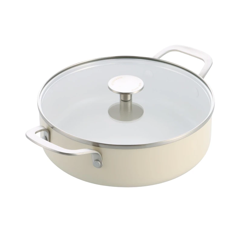 KitchenAid Aluminium Ceramic Non-Stick Sauté Pan with Glass Lid and Auxiliary Handle, 24 cm/3.1 L, PFAS-Free, Induction Safe, Stainless Steel Handle, Oven-Safe, Dishwasher Safe, Cream White - Image 1