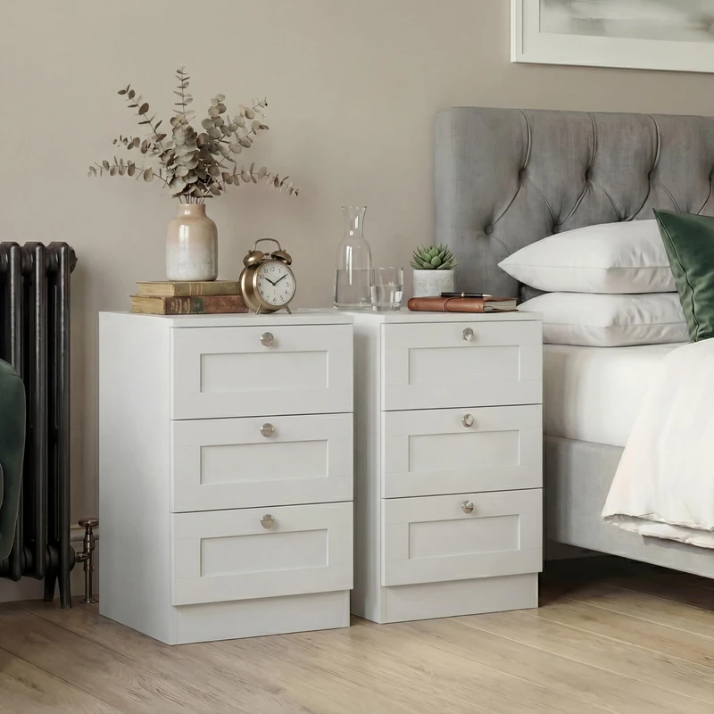 Vida Designs Altino 3 Drawer Bedside Table | White | 62H x 40W x 36D cm | Compact Space-Saving Nightstand | Engineered Wood | Smooth Glide Drawer | Modern Shaker Style | Ideal for Bedroom, Guest Room