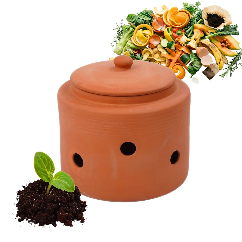 Relaxdays in-ground worm composter 3 L, terracotta clay pot with lid for kitchen waste, garden & beds