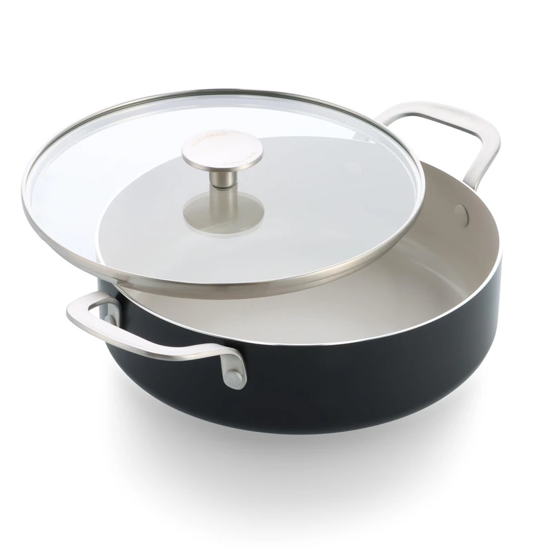KitchenAid Aluminium Ceramic Non-Stick Sauté Pan with Glass Lid and Auxiliary Handle, 28 cm / 4.28 L, PFAS-Free, Induction Safe, Stainless Steel Handle, Oven Safe, Dishwasher Safe, Black - Image 1
