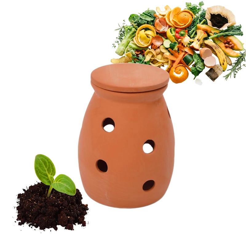 Relaxdays buried worm composter, 3 L, for kitchen scraps, with lid, garden & beds, clay, terracotta - Image 1