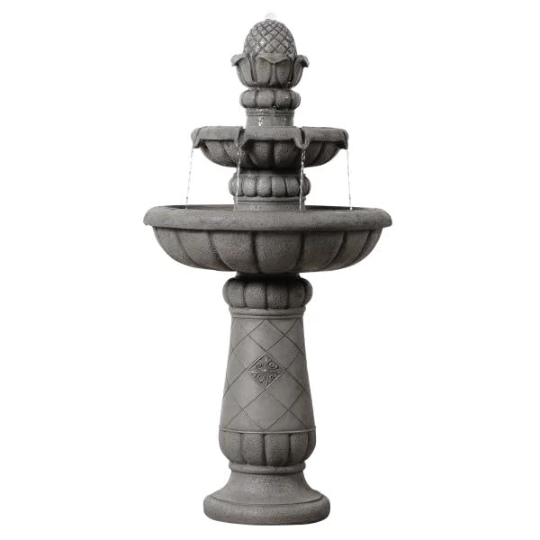 Teamson Home Two-Tier Outdoor Birdbath Fountain with Shallow Basin, Light Grey Stone-Effect Finish and Gentle Flowing Water 99cm Tall, Light Grey