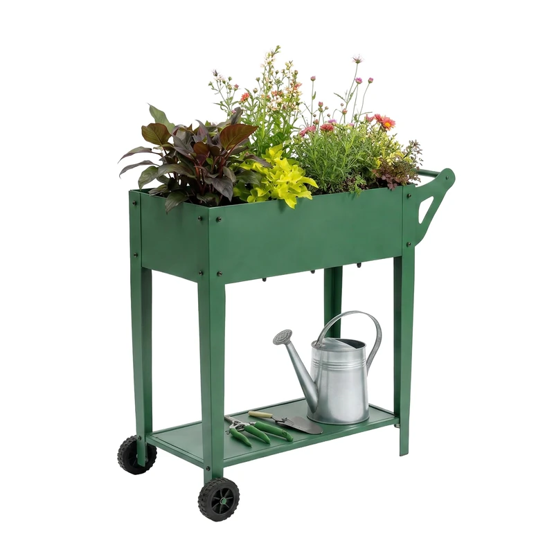 Relaxdays raised bed, with shelf, 2 wheels, garden, balcony & terrace, HxWxD: 80 x 85 x 50 cm, mobile planter, green