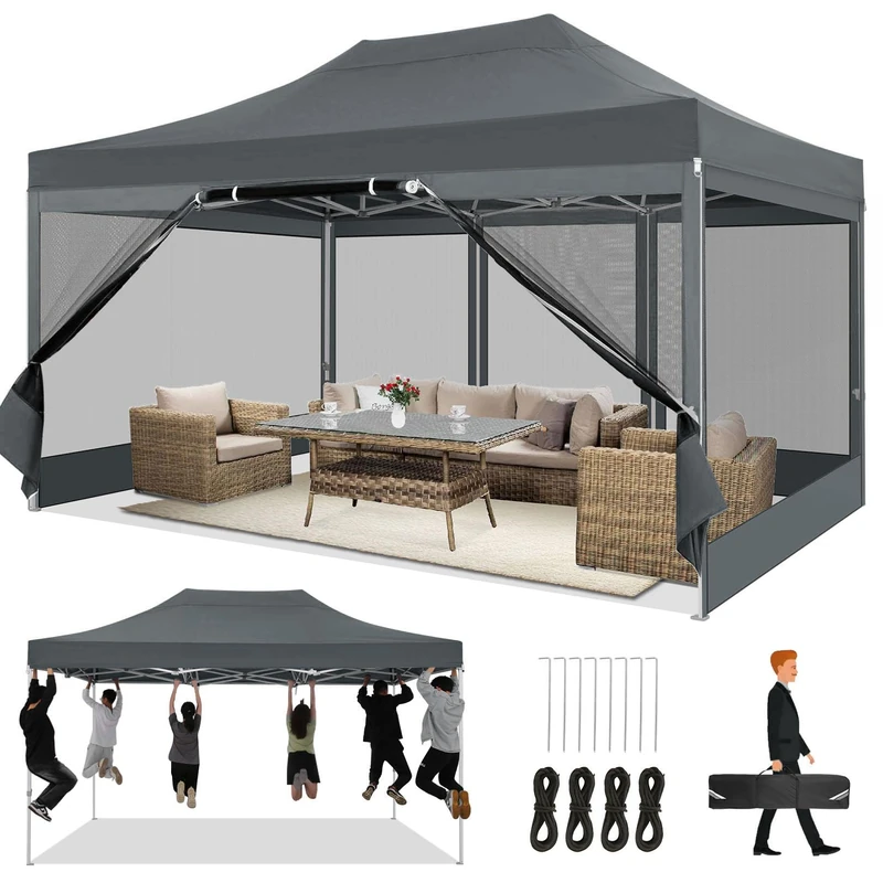 COBIZI Folding Gazebo, 3 x 4.5 cm, Waterproof, Stable, Party Tent, Foldable with 4 Side Walls, Mosquito Net, Pop Up Garden Gazebo, Anti-UV for Garden, 420D Oxford, Carry Bag with Wheels, Grey