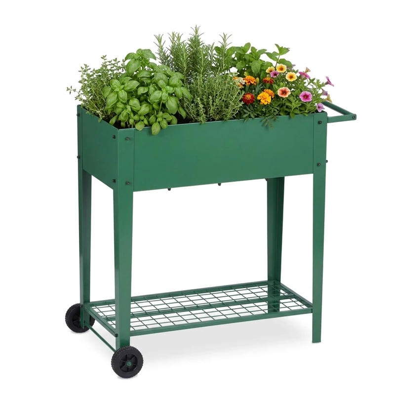 Relaxdays raised bed with shelf & wheels, mobile planter for garden, balcony & terrace, HxWxD:80x85x50cm, green - Image 1
