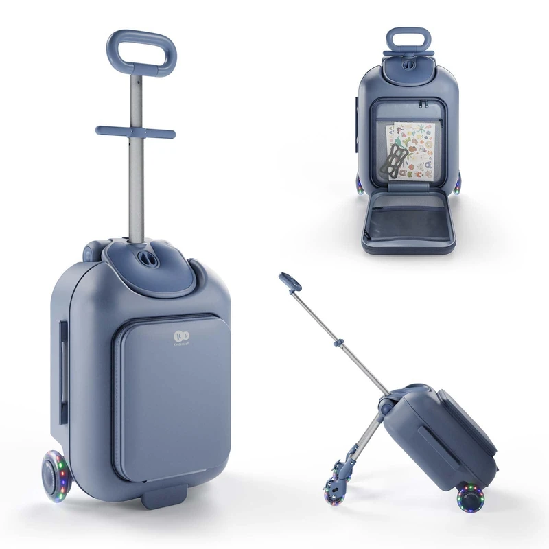 Kinderkraft Cabby 2-in-1 Kids' Cabin Suitcase with Seat, Ride-On Luggage, Foldable, 20 L, LED Wheels, 70 kg Load, Blue - Image 1
