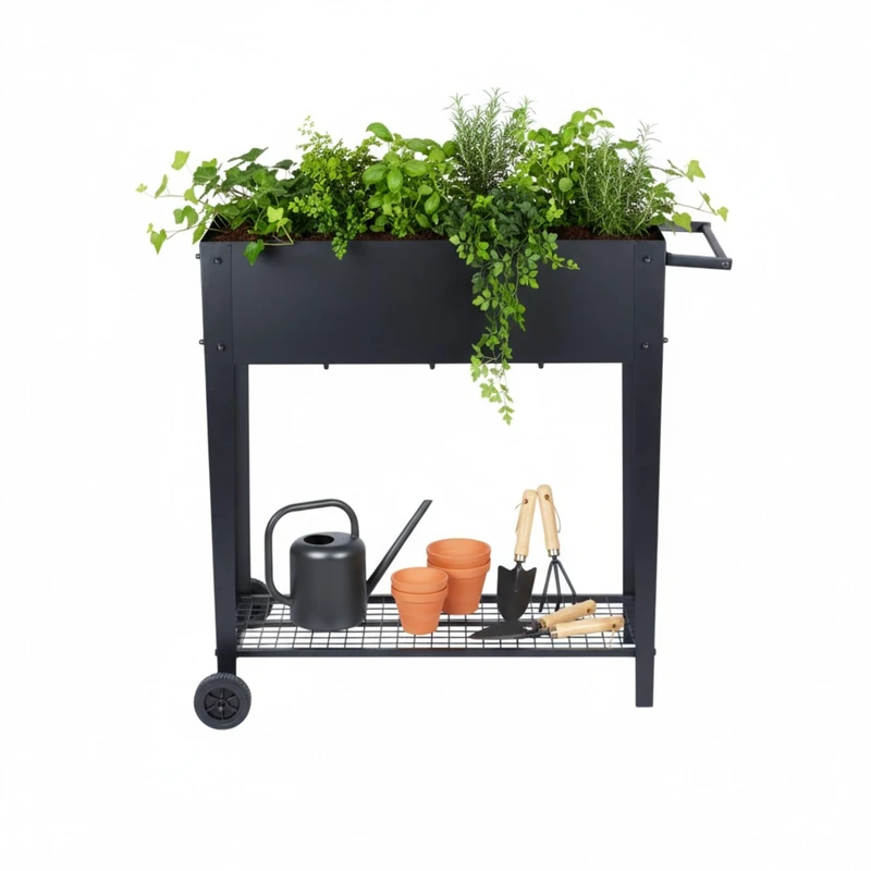 Relaxdays raised planter, shelf, wheels, garden, balcony & terrace, HxWxD: 80 x 85 x 50 cm, mobile table planter, black - Image 1