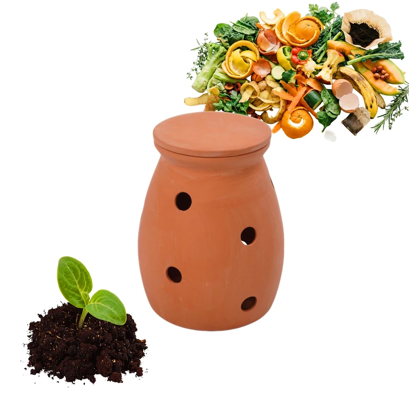 Relaxdays worm composter for burying, 1 litre, worm vase for kitchen scraps, lid, garden & raised beds, terracotta clay