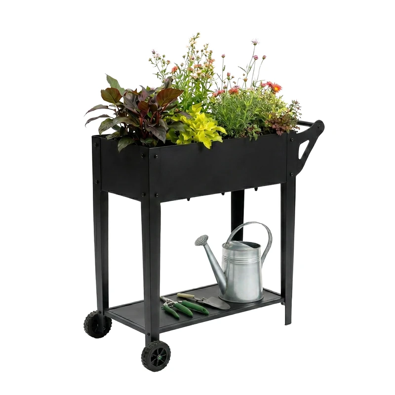 Relaxdays raised planter with shelf & 2 wheels, garden, balcony & terrace, HxWxD:80x85x50 cm, table planter, black