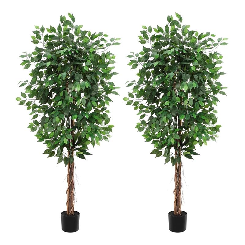 2 Pieces Very Realistic Artificial Ficus - Large Artificial Plant 180 cm in Set - Lifelike Fiddle Fig with Pot - Easy Care, No Watering - Ideal for Living Room, Office, Patio, Entrance Area