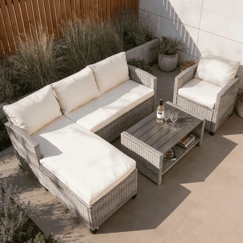 Home Source Trapani Rattan Garden Furniture Set 4 Piece – Taupe Flat Weave, Cushions Included - 5+ Seater Outdoor Sofa Set with Table