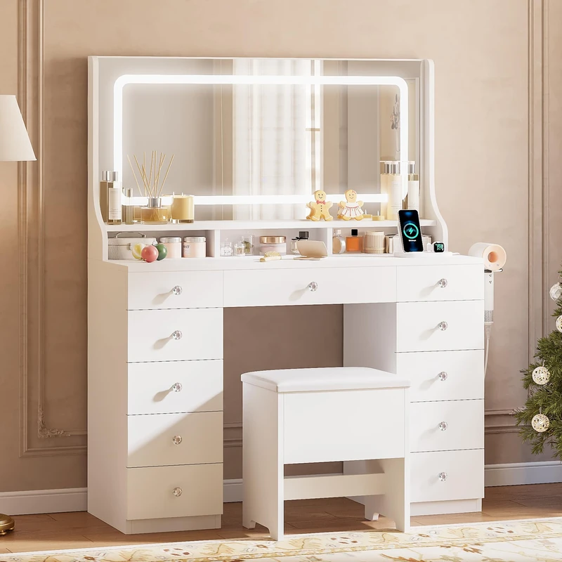IRONCK Dressing Table with 3-Color LED Lights Mirror, Vanity Desk with Power Outlet, 11 Drawers Vanity Table with Chair & Hairdryer Holder, White Dressing Table for Bedroom