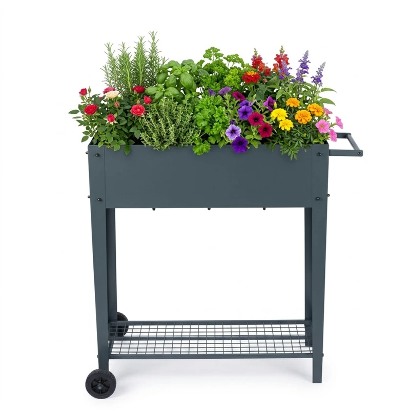 Relaxdays raised bed with shelf & wheels for garden/balcony/terrace, HxWxD: 80 x 85 x 50 cm, mobile planter, anthracite