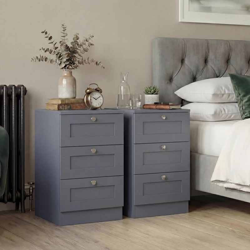 Vida Designs Altino 3 Drawer Bedside Table Set of 2 | Grey | 62H x 40W x 36D cm | Compact Space-Saving Nightstand | Engineered Wood | Modern Shaker Style | Ideal for Bedroom, Guest Room
