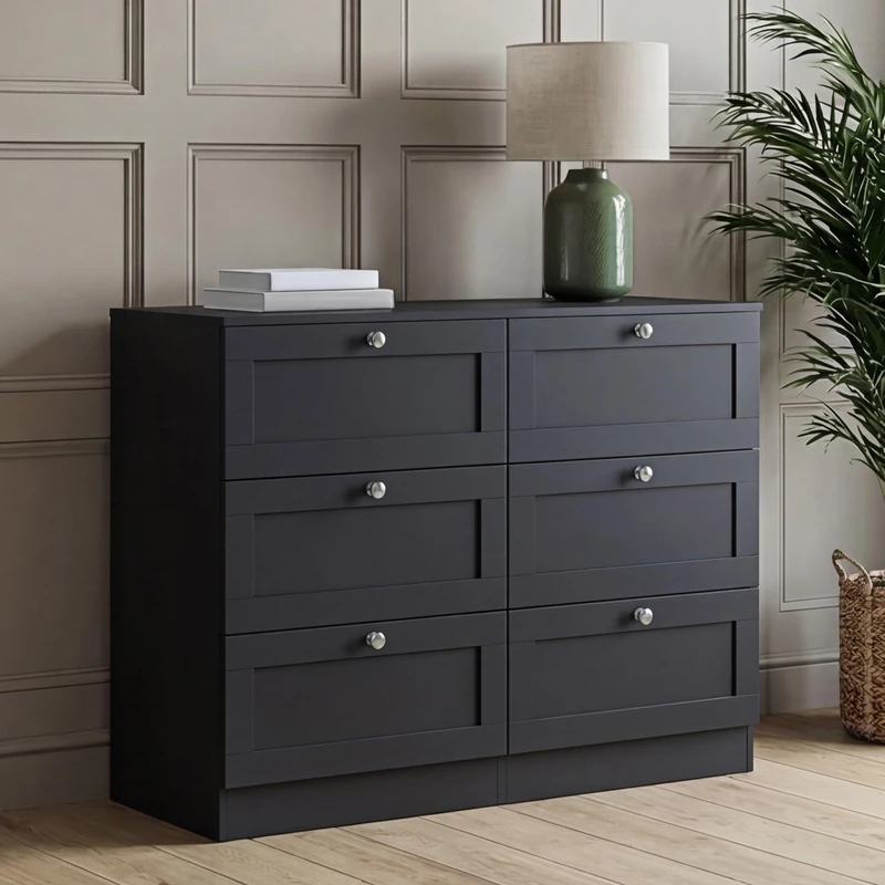 Vida Designs Altino 6 Drawer Chest of Drawers | Black | H 76.5 x W 100 x D 36 cm | Wide Bedroom Storage Unit | Easy Assembly | Clothes Storage Cabinet | Modern Shaker Style Hallway or Guest Room