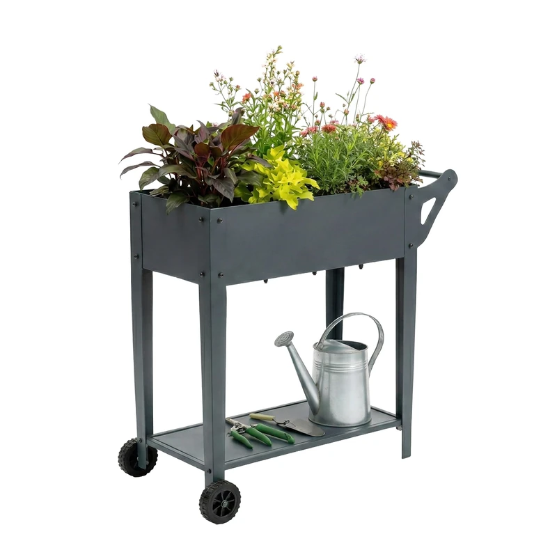 Relaxdays raised bed with shelf & 2 wheels, garden, balcony & terrace, HxWxD:80x85x50 cm, planter, anthracite