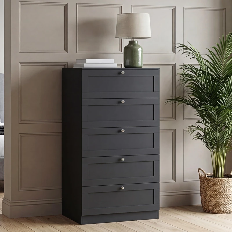 Vida Designs Altino 5 Drawer Chest of Drawers | Black | H 121 x W 65 x D 36 cm | Bedroom Storage Unit | Easy Assembly | Clothes Storage Cabinet | Modern Shaker Style Hallway or Guest Room