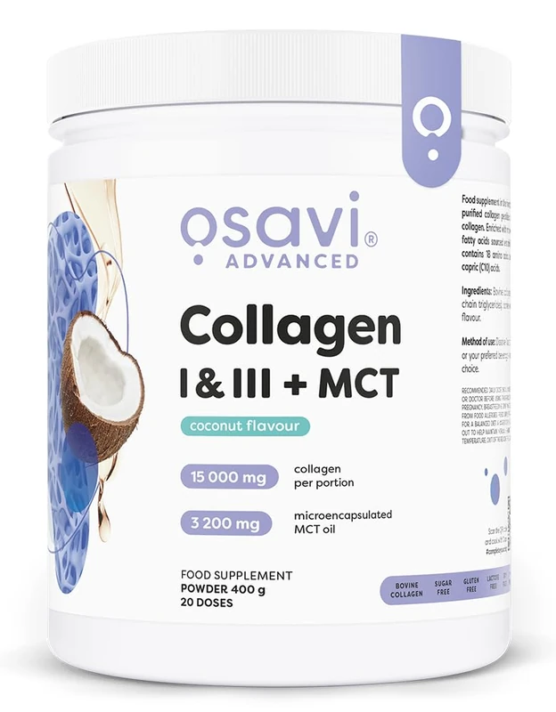 Osavi Collagen Type I & III + Coconut MCT – 400 g Powder | Hydrolyzed Collagen Peptides | C8 & C10 Fatty Acids | 18 Amino Acids | Sugar-Free | Coconut Flavor