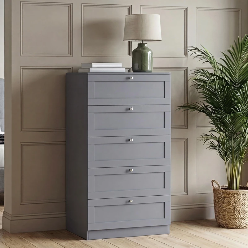 Vida Designs Altino 5 Drawer Chest of Drawers | Grey | H 121 x W 65 x D 36 cm | Bedroom Storage Unit | Easy Assembly | Clothes Storage Cabinet | Modern Shaker Style Hallway or Guest Room
