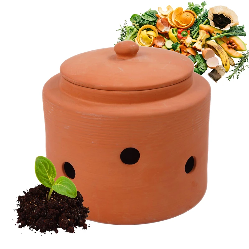 Relaxdays worm composter for burying, 5 L, worm pot for kitchen waste, lid, garden & flowerbeds, terracotta clay