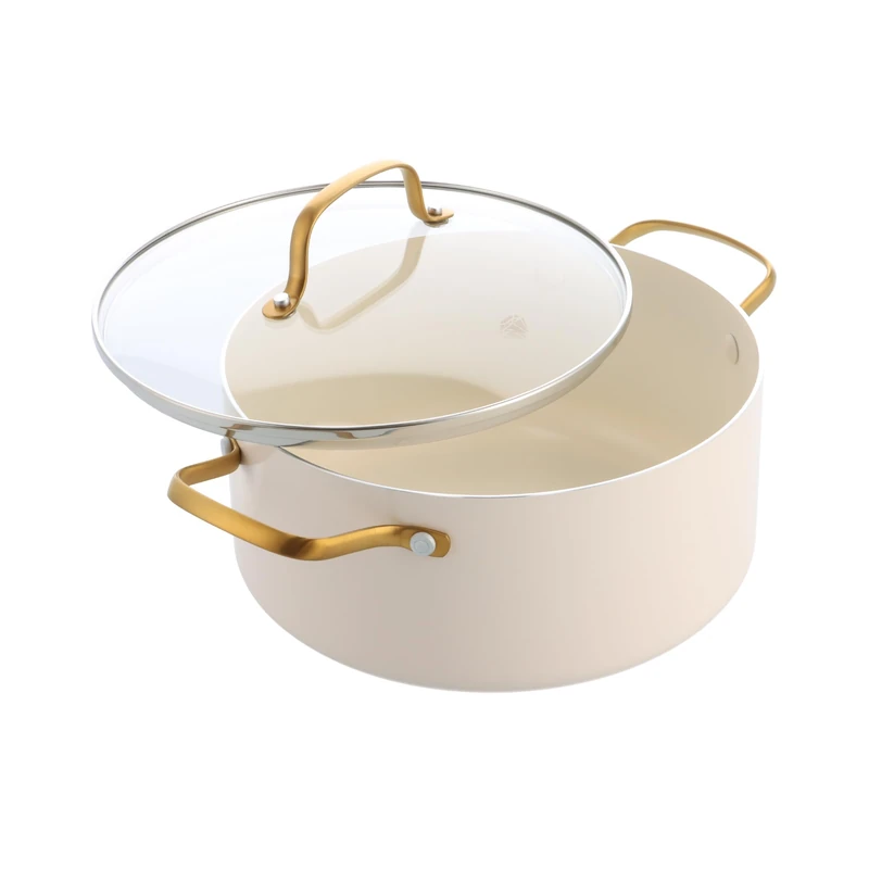 Blue Diamond Gold Ceramic Non-Stick Casserole 24 cm / 4.91 L, Diamond Reinforced PFAS-Free, Induction, Glass Lid, Dishwasher & Oven Safe, Golden Stainless Steel Handle, Metal Cutlery Safe, White