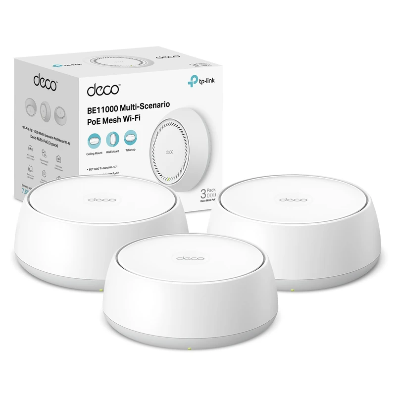 NEW TP-Link Deco BE65-PoE BE9300Mbps WiFi 7 Mesh System with PoE, 5Gbps PoE Port, Up to 7600 ft2 Coverage, 200+ Devices Connection, Pole/Wall Mount or Tabletop, Seamless AI-Driven Mesh, Easy Setup