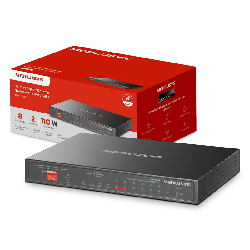NEW MERCUSYS MS112GMP 12-Port Gigabit PoE Network Switch, 8 Gigabit PoE+ Ports, 30W 802.3af/at, 110W Power Budget, 250m Transmission Range, Priority Mode, Isolation Mode, Plug and Play, Fanless Design - Image 1