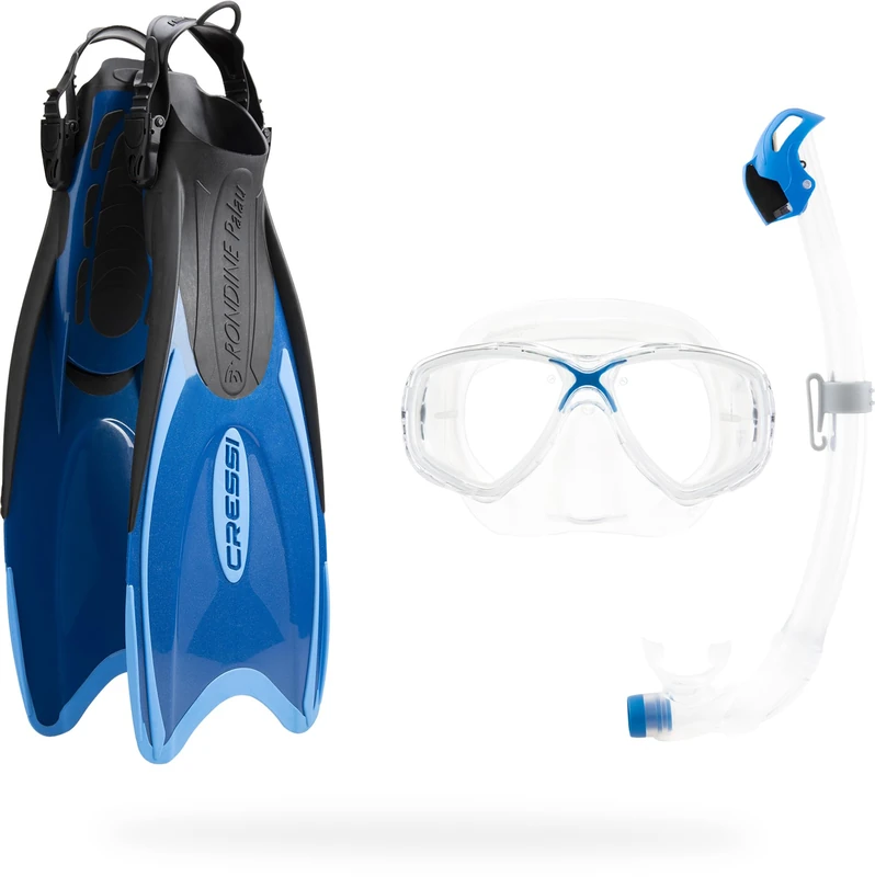 Cressi since 1946 - Palau Marea Dry Bag - Adult Snorkelling Set including Adjustable Palau Fins, Marea Mask, Seal Dry Snorkel and Carry Bag - Blue/Azure - L/XL_UK 10/13
