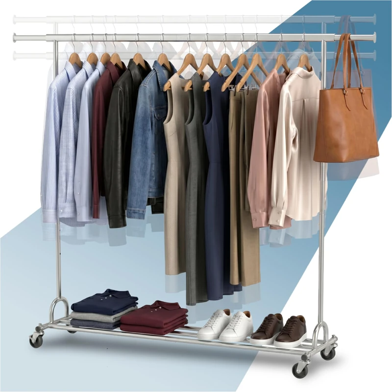 PORTENTUM Heavy duty clothes rail height adjustable with wheels and brakes – Height adjustable between 149 and 174 cm – Up to 130 kg load capacity – Clothing rack steel frame 45 x (160-200) cm width